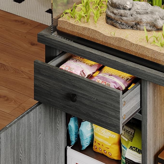 4ever2buy 55 Gallon Fish Tank Stand with LED Light & Power Outlets, 55-75 Gallon Aquarium Stand with Drawer & Barn Door, Cabinet for Fish Tank Accessories Storage for Reptile Tank, Turtle Tank, Gray-PurrikoPets