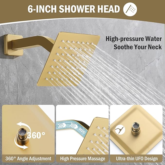 12 Inch Rain Shower System, Brushed Gold Shower Faucet Set with Push Button Diverter, 6 Inch Wall Mounted 3-Functions Bathroom Shower Systems with Dual-Function Handheld-PurrikoPets