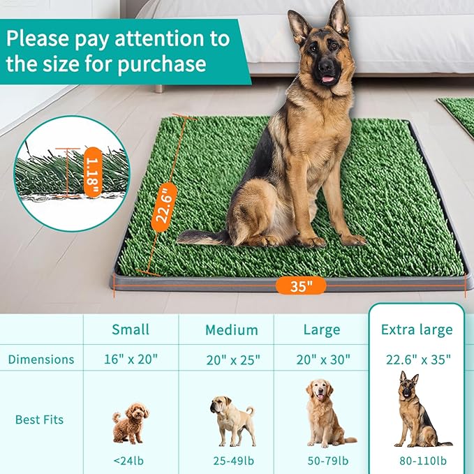 35"X22.6" Dog Grass Pad with Tray - Indoor/Outdoor Artificial Turf Potty Training Mat for Large Dogs, Portable Dog Litter Box for Balcony/Patio, Washable Reusable Pee Pad and Fake Grass for Dogs-PurrikoPets