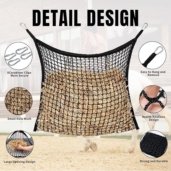 4 PCS Slow Feed Hay Net for Horses, Large Capacity Hay Bags for Horses Goats Sheep Donkey Trailer Full Day Feeding, Easy to Fill and Hang, Black, 35 x 31 Inch-PurrikoPets