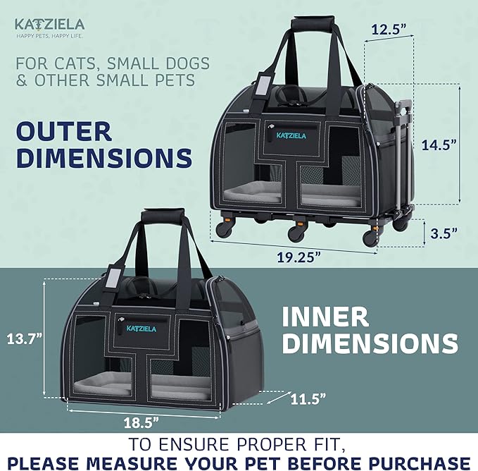 Airline Compliant Pet Carrier - Rolling Portable Travel Carry Crate for Small Dog, Puppy or Cat - Soft Removable Wheeled Design with Mesh Window Sides - Airplane and TSA Compliant- by Katziela-PurrikoPets