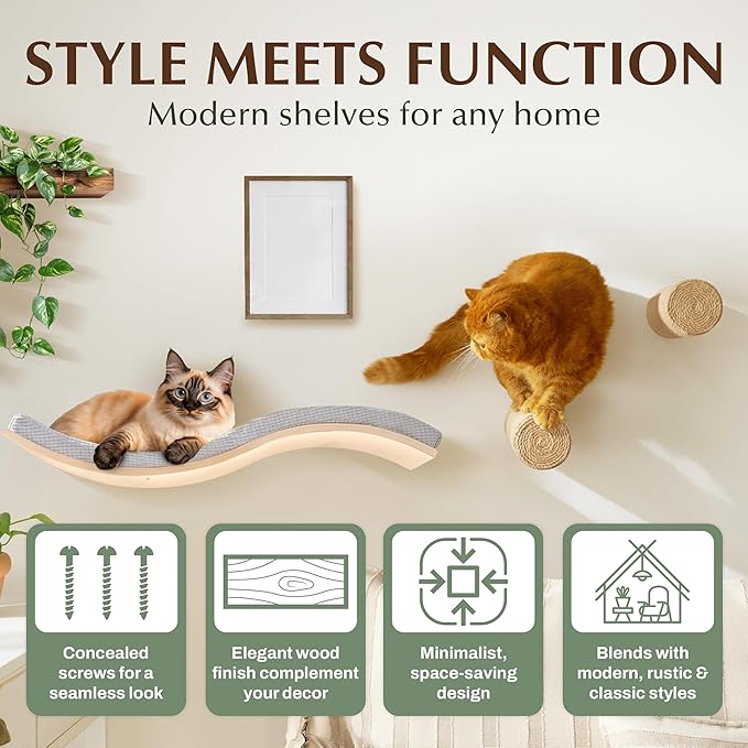 Extra Large 35.4” × 11.6” Stylish Cat Wall Shelves with Soft Cushion, Modern Wall-Mounted Cat Tree Furniture & Perch, Sturdy/Hidden Mounts, Machine Wash Cover, Sleek Design- CALLICO HAVEN Wave S-Shape-PurrikoPets