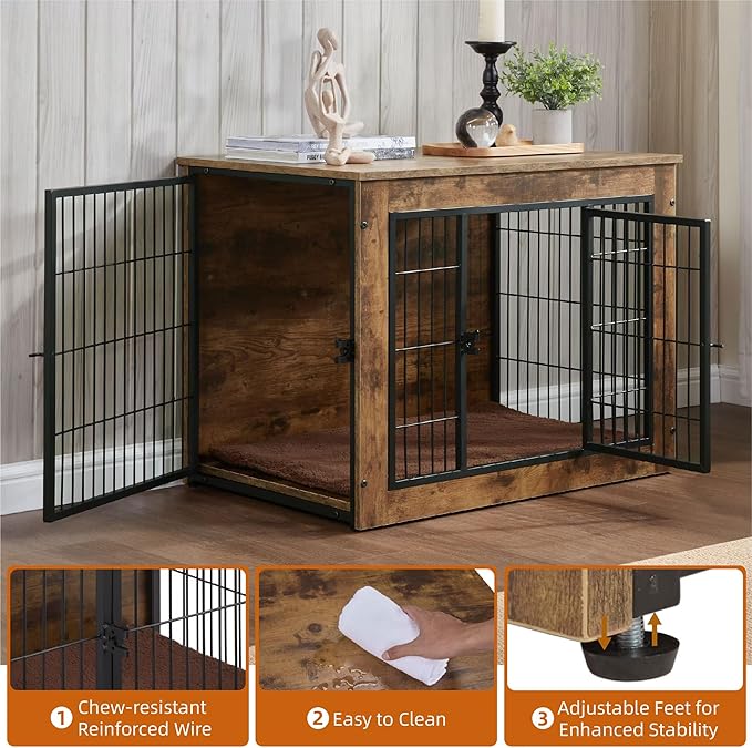 FLEXIMOUNTS Dog Crate Furniture with Cushion, Wooden Dog Kennel Furniture, Heavy Duty Dog Cage, 40" Dog Kennel with Double Doors, L-PurrikoPets