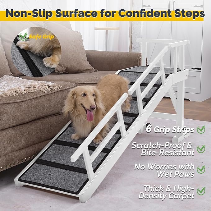 Dog Ramp for Bed or Couch, Wooden Pet Ramp with 20° Gentle Slope, Removable Side Rails, Non-Slip Surface, Top Platform & Wheels, Safe Bed Ramp for Small, Medium & Senior Dogs, 60" Long, White-PurrikoPets