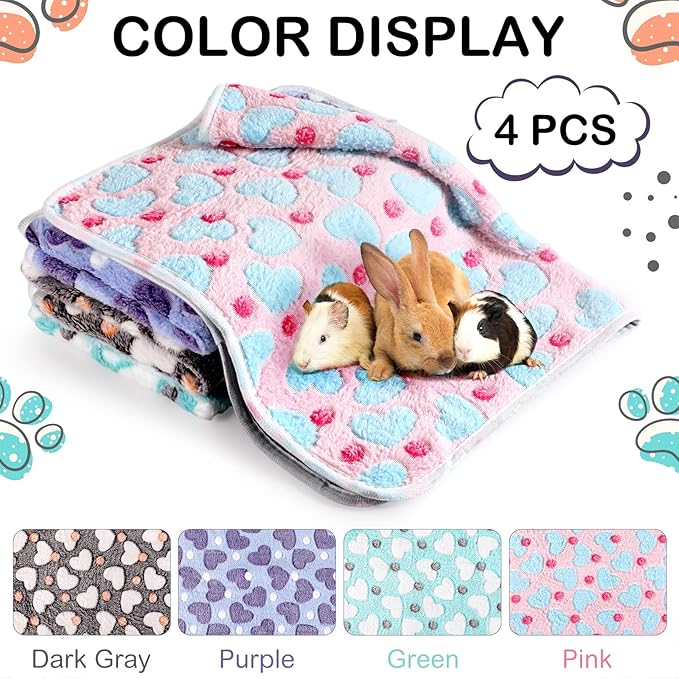 4 Pcs Waterproof Guinea Pig Blankets Washable Small Animal Fleece Bedding Absorbent Guinea Pig Cage Liners Reusable Pet Pee Pad Sleep Mat Pad Cover for Hamster Ferret (Heart Pattern,24 x 47 Inch)-PurrikoPets