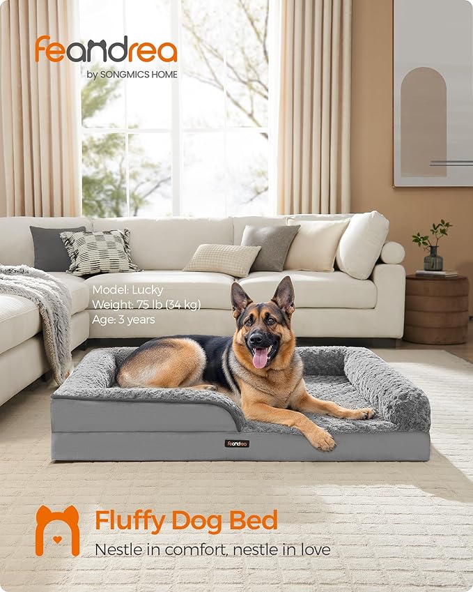 Feandrea Orthopaedic Dog Bed for Large Dogs, Waterproof Dog Sofa Bed with Removable Washable Cover, 48 x 35 x 7 Inches, Dove Gray UPGW254G01-PurrikoPets
