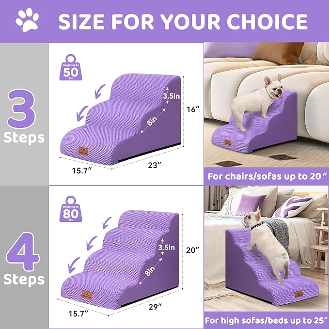 Dog Ramp and Stair for Bed 16" H-20 H,3-Step Cat Stair for Sofa and Chair,4-Step Dog Ramp for High Bed and Window,Durable Nonslip Fabric Stair for Indoor (Purple-16 H, Pet Friendly, 3)-PurrikoPets