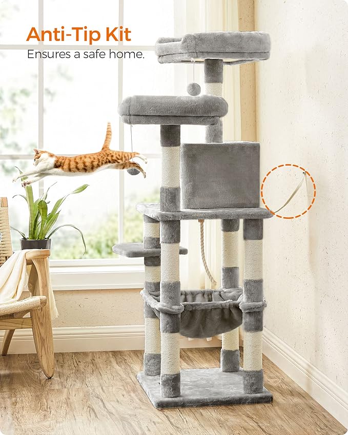 FEANDREA Cat Tree, Cat Tower for Indoor Cats, 56.3-Inch Cat Condo with Scratching Posts, Hammock, Plush Perch, Light Gray UPCT15W-PurrikoPets