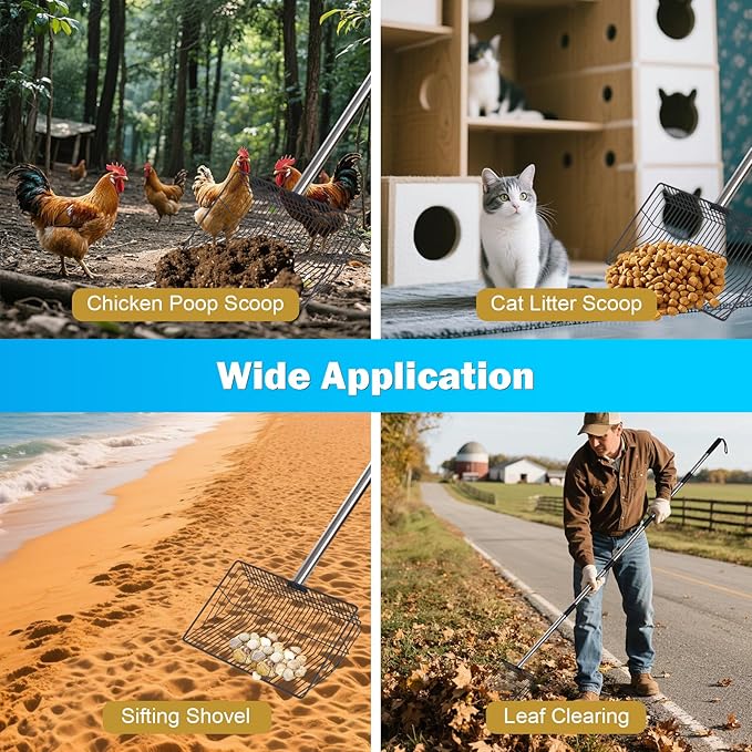 10inch Large Metal Chicken Poop Scooper,32 to 67" Adjustable Long Chicken Coop Litter Scoop,Heavy Duty Sifting Shovel for Chicken Coop & Pet Waste Cleaning-PurrikoPets