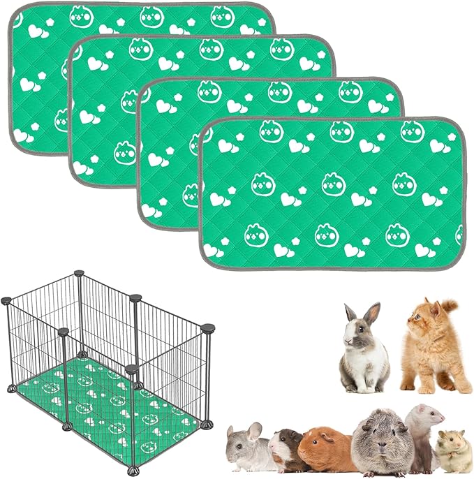 4 Pack Guinea Pig Bedding - Washable Guinea Pig Liners for C&C 2x1 Cage, Waterproof Reusable & Anti Slip Pee Pads Super Absorbent Mats for Small Animal Rabbit Hamster Rat (Green, 28 x 14 Inch)-PurrikoPets