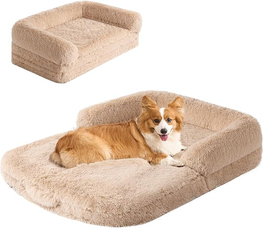 EHEYCIGA Foldable XL Dog Bed, Faux Fur Fluffy Pet Couch Bed for Large Dogs, Orthopedic Calming Memory Foam Big Pet Bed, Washable Soft Pet Sofa Bed with Non-Slip Bottom, Camel, 46"x34"x6.5"-PurrikoPets