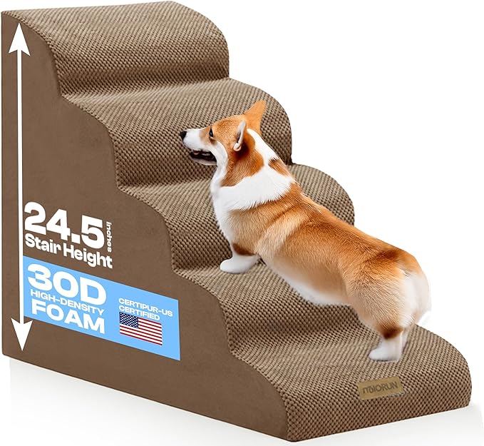 Dog Stairs for High Beds Up to 26-30", 5-Step Foam Pet Ramp with Washable Cover, Gentle Slope Steps, Bed & Couch Ladder for Small Medium Dogs & Senior Cat, Puppy Stairs to Get on Tall Furniture-PurrikoPets