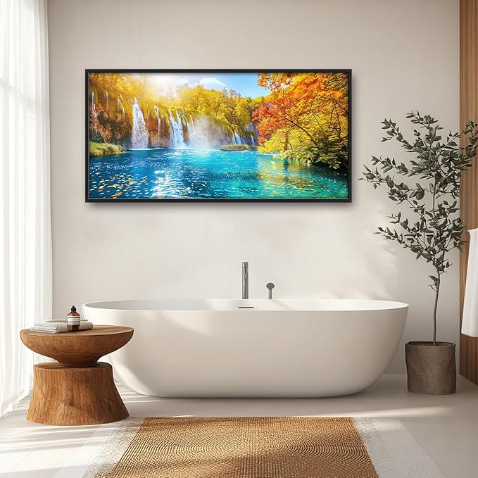 Extra Large Waterfall Lake Framed Wall Art for Living Room,Oversized Fall Autumn Tree Landscape Pictures Wall Decor,Nature Canvas Print Painting Modern Artwork Bedroom Office Bathroom 60L" x 30W"-PurrikoPets