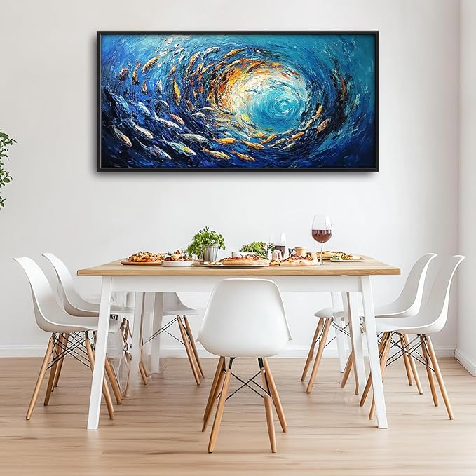 Extra Large Framed Abstract Ocean Fish Wall Art,Oversized Blue Sea Nautical Fish Wall Decor Pictures for Living Room,Canvas Print Painting Modern Artwork Bedroom Office Bathroom Home Decor 60L x30W-PurrikoPets