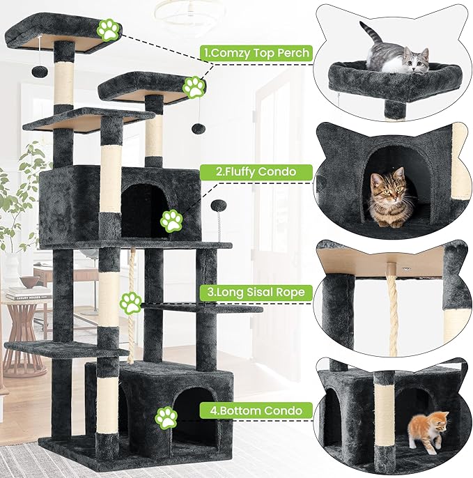 69in Large Cat Tree Tower for Indoor Cats with Soft Plush Hang Ball, Two Condos, Sisal Scratch Posts & Rope Play for Kittens/Adult Cats, Deep Grey-PurrikoPets