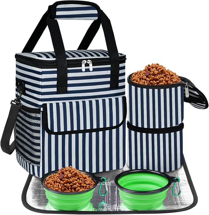 Dog Travel Bag for Camping - Pet Travel Accessories with 2 Collapsible Bowls, 2 Food Containers & Waterproof Feeding Mat - Portable Dog Carrier, Stripe (Small)-PurrikoPets
