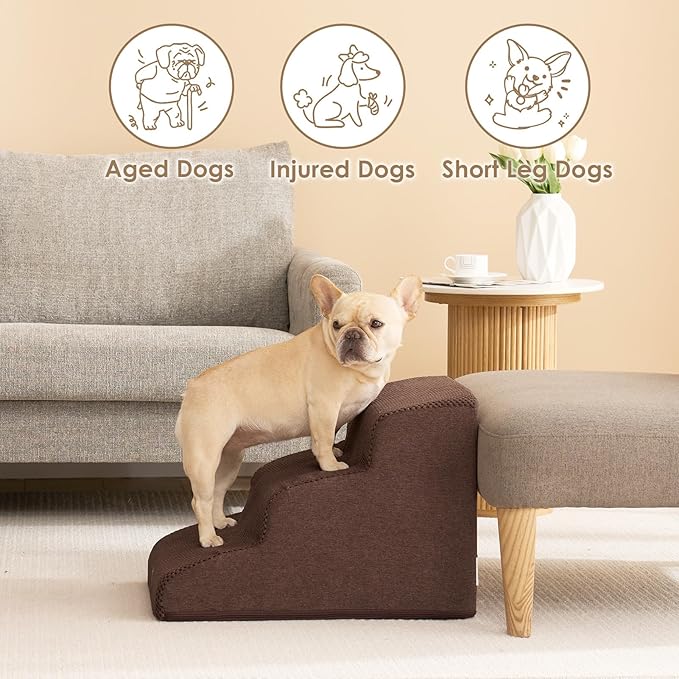 EHEYCIGA Curved Dog Stairs Ramp for Small Dogs 15.7" H, 3-Step Dog Steps for Couch Sofa and Chair, Pet Stairs for Cats, Non-Slip Balanced Pet Steps Indoor, Brown-PurrikoPets
