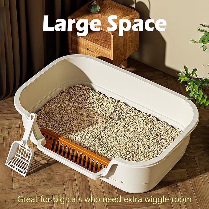 Extea Large Cat Litter Box with High Sides,Cat Boxes for Indoor Cats,Cat Litter Pan for Kitty,Litter Box with Low Entry,Easy to Clean,Anti-Splashing,23.6" x15.7" x6.2" (White)-PurrikoPets