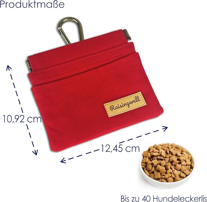 Dog Treat Pouch, Red Pocket Sized Pet Training Pouch, Cotton Fabric, Hand Free Dog Walking Bag with Carabiner, Self-Closing Pet Feed Snack Reward, for Puppy Travel or Outdoor Use-PurrikoPets