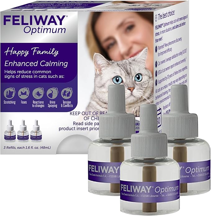 FELIWAY Optimum 3 x 30 Day Cat Calming Refills for Pheromone Diffuser, 3 x 48ml Value Pack - Helps Reduce Common Signs of Stress in Cats & Kittens, Enhanced Calming-PurrikoPets