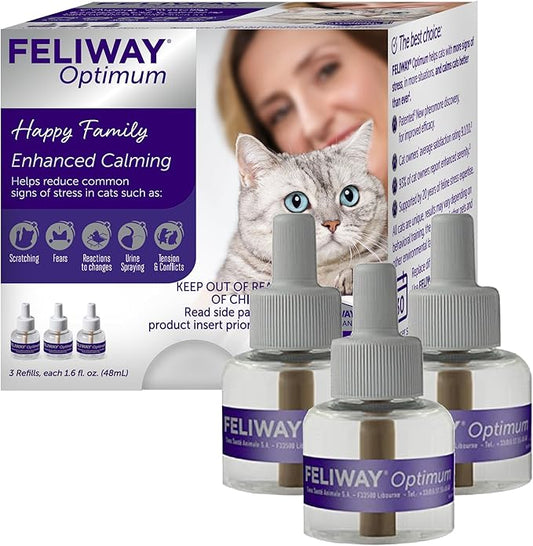 FELIWAY Optimum 3 x 30 Day Cat Calming Refills for Pheromone Diffuser, 3 x 48ml Value Pack - Helps Reduce Common Signs of Stress in Cats & Kittens, Enhanced Calming-PurrikoPets