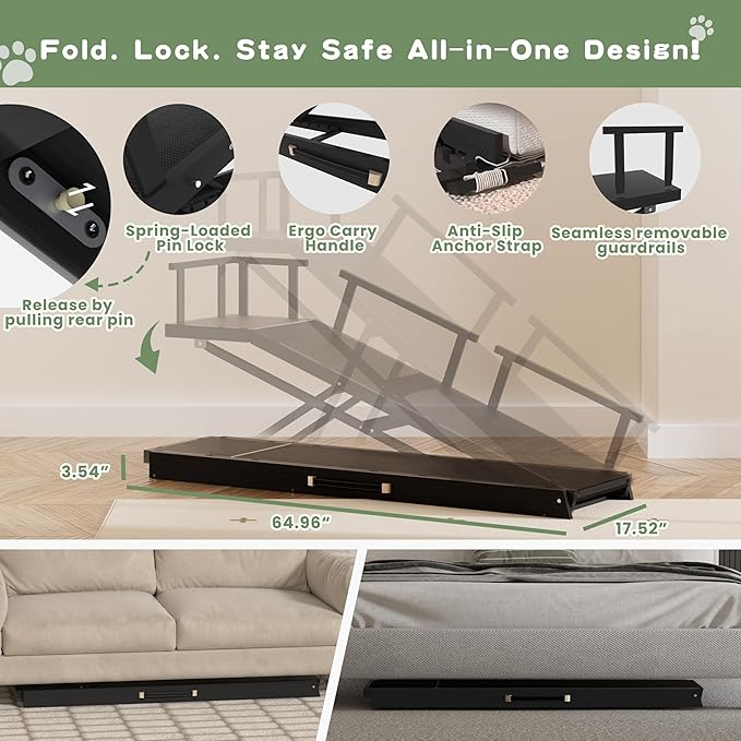 6 Level Height Adjustable Dog Ramp for Bed, Couch 65" Foldable Pet Ramp with Non-Slip Mat，DIY Glow Strips & Rest Platform Heavy Duty Dog Stairs for Large Dogs up to 200Lbs ，Black-PurrikoPets