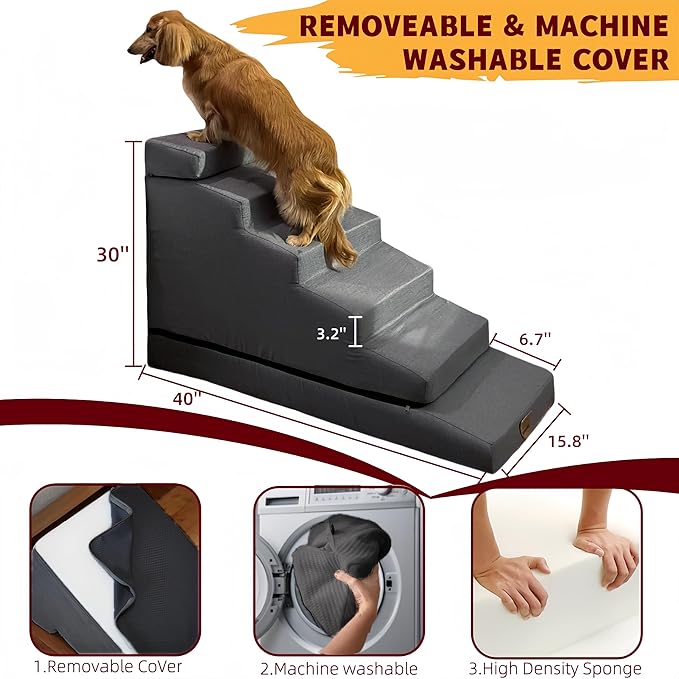 Dog Stair ramp for 30 inch high beds. 6-Step Dog Stair Ramp for 20 to 36 Inch Sofa Beds. Pet Steps for Small, Medium and Large Dogs. Non-Slip, Balanced and Portable. Multifunctional 6 Steps, Gray.-PurrikoPets