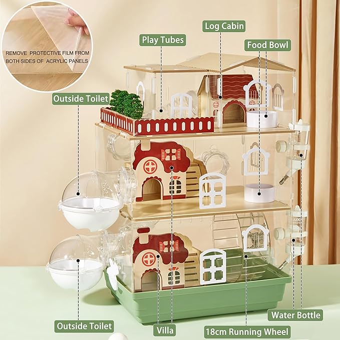 17 in 1 Clear Acrylic Hamster Cage with All Accessories,13.5''L* 10''W* 21''H Dwarf Hamster Cage,Magnetic Connection Small Hamster Enclosure,Garden Style Wooden Pet Mouse Cage for Pet Mice(3-Layer)-PurrikoPets