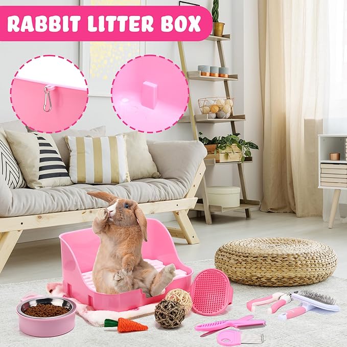15 Pcs Rabbit Starter Kit Small Rabbit Litter Box Animal Grooming Kit Bunny Toys Bowl Blankets with Cleaning Set for Guinea Pig Accessories(Pink)-PurrikoPets