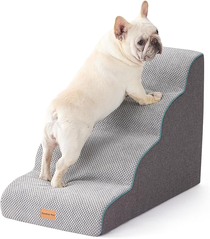 Gardner Pet Dog Stairs for Small Dogs 19.7" H, Curved 4-Step Pet Stairs, Dog Steps for High Bed (18-24 in), Couch with Durable Non-Slip Waterproof Fabric Cover and CertiPUR-US Certified Foam-PurrikoPets