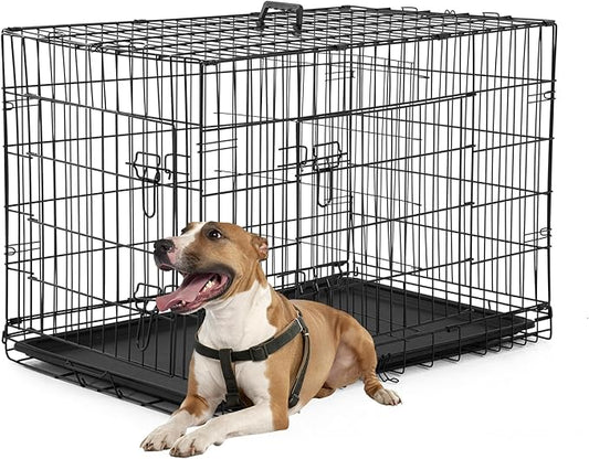 FDW Dog Crate Dog Kennel Cage with Double Door,36 inch Folding Metal Wire Dog Cage with Removable Tray&Divider Panel,Pet Crate for Medium Dogs,Black-PurrikoPets