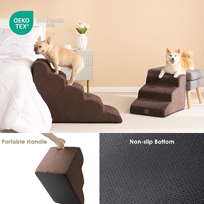EHEYCIGA Curved Dog Stairs Ramp for High Beds 22.6" H, 5-Step Dog Steps for Small Dogs and Cats, Pet Stairs for High Bed Climbing, Non-Slip Balanced Pet Step Indoor, Brown-PurrikoPets