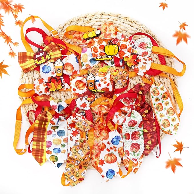 22pcs Fall Dog Bow Tie, Adjustable Bowtie Collar Attachment for Small Medium Pets, Bulk Neckties Set for Thanksgiving Day,Autumn Pet Supplies Charms Hair Costume Accessories(Maple Leaf, Pumpkin)-PurrikoPets