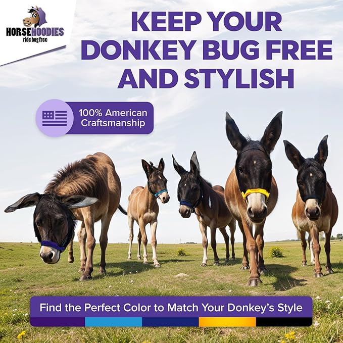 Donkey Fly Mask with Long Ears (Purple) Half Hoodie for Standard Donkey, Made in USA - Mule Fly Mask with Ears Protection from Insects and Bugs, Face Cover Soft Mesh Fabric with Adjustable Fastener-PurrikoPets