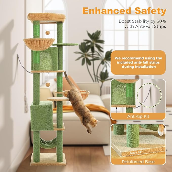 71.2" Large Cat Tree for Multi-Cat Households - 9-Level Cat Tower w/5 Sisal Scratching Posts, 2 Condos, Soft Hammock, Top Perch & Pom Poms - Heavy-Duty Space-Saving Design, Cactus Green-PurrikoPets