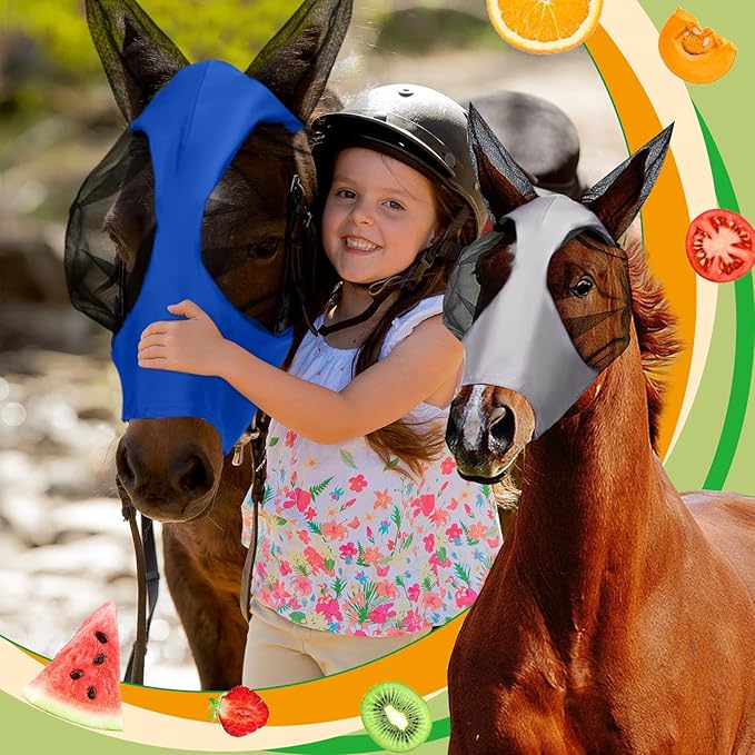Frienda 4 Pcs Horse Fly Masks with Ears Head Fly Masks for Horses Smooth Elastic UV Protection Cover from Summer Insect Pests(Medium,Black, Gray, Blue, Mint Green)-PurrikoPets