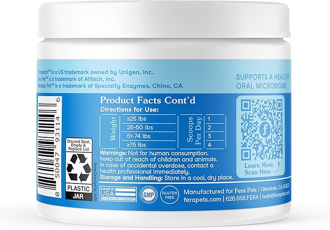 Fera Pets Cat & Dog Dental Support Powder - Supports Fresh Breath - Promotes Healthy Teeth and Gums - Targets Tartar Build-Up - Includes Kelp, Enzymes & Postbiotics - 60 Scoops-PurrikoPets