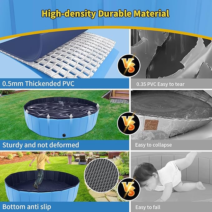 Foldable Dog Pool, 39" x 12" Kiddie Pool with Hard Plastic, Non-Slip Dog Bath Tub for Outdoor Backyard, Collapsible Dog Swimming Pool for Kids Dogs Pets (Blue)-PurrikoPets