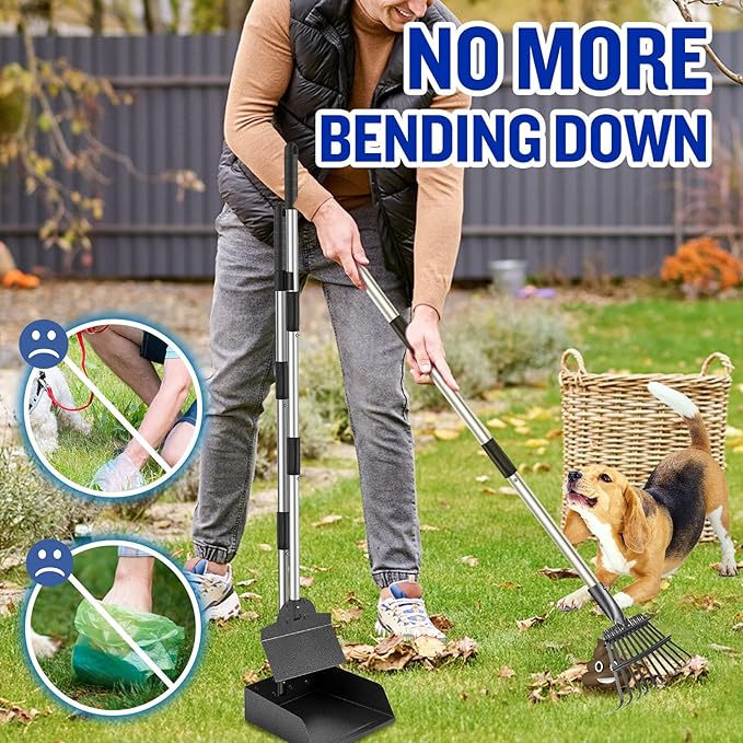 Dog Pooper Scooper, Tray Rake and Spade 3 Pack Poop Scoop Adjustable Long Handle Metal with Bin for Pet Waste Removal, No Bending Clean Up for Large and Small Dogs-PurrikoPets