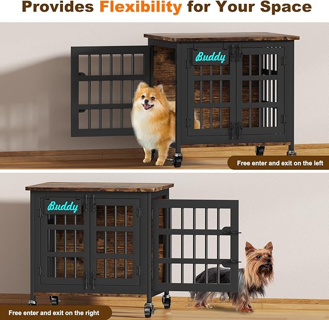 EasyCom Heavy Duty Dog Kennel Indoor with Name Tag, 27" Dog Crate Furniture for Small Dogs, Double-Doors Sturdy Metal Dog Cage for Anxiety Dog-PurrikoPets