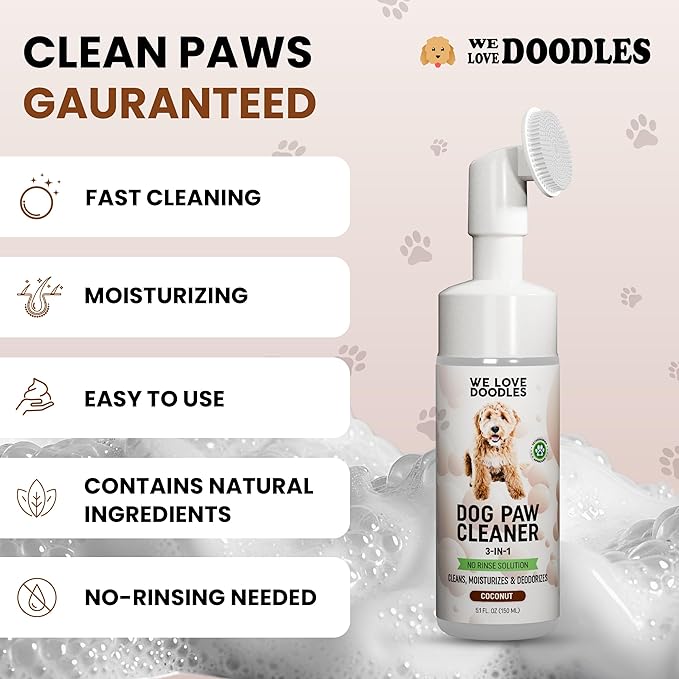 Dog Paw Cleaner (Over 100+ Feet Cleanings) No-Rinse Dog Foot Washer, Gentle and Safe Paw Cleaner for Dogs and Cats, Foam Formula, Moisturizes and Deodorizes, 150mL (Coconut) [We Love Doodles]-PurrikoPets