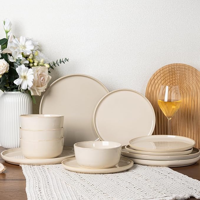 GBHOME Ceramic Dinnerware Sets for 4, 12 Pieces Stoneware Plates and Bowls Sets, Scratch Resistant Dishes, Dishwasher & Microwave Safe, Reactive Glaze-Vanilla color-PurrikoPets