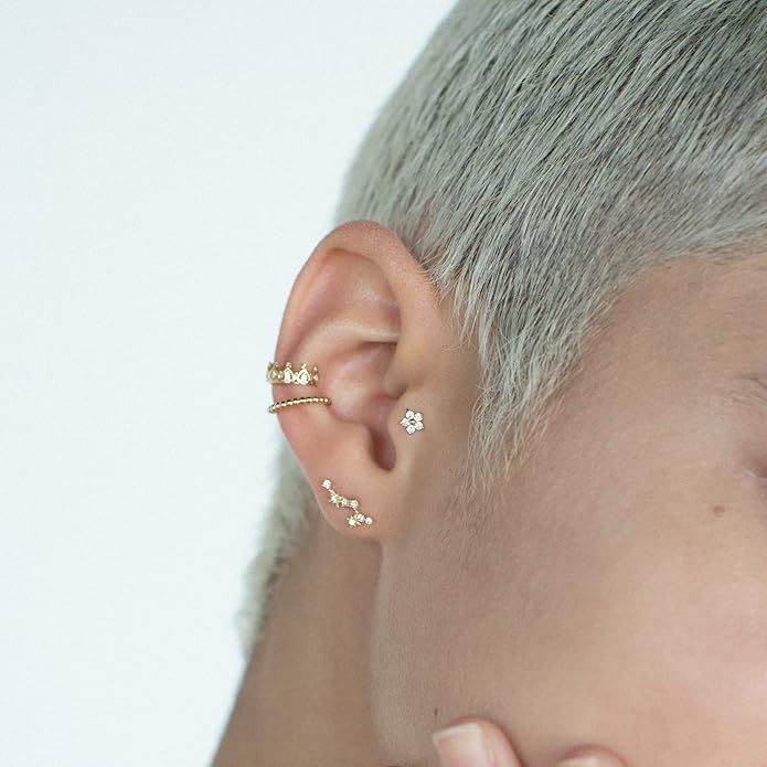 Anygolds 14K Solid Gold Ear Cuff Ring for Women No Piercing, Minimalist Cartilage Earring Set, Fake Piercing Clip On Earcuff - Heart, Crown, Flower Designs