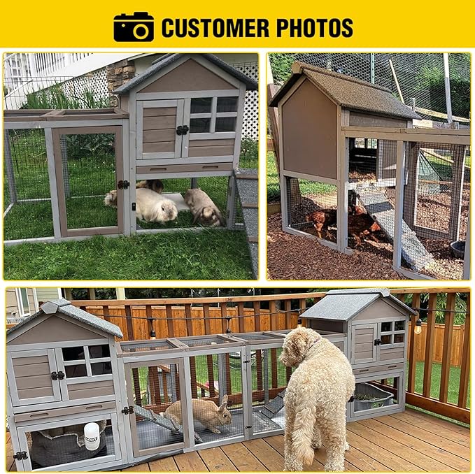 Aivituvin Large Rabbit Hutch Indoor Bunny Cage Outdoor with Run Chicken Coop Guinea Pig House with Waterproof Asphalt Roof,No Leakage Pull Out Tray (103.2" L x 25.2" W x 36.2" H,Brown-2 Sets)-PurrikoPets