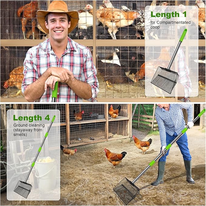 12inch Large Chicken Poop Scooper，2 Widths of Slots Litter Sifting Shovel （23 to 66"），Chicken Coop Litter Scoop with Stainless Steel Handle, 4 in 1 Multifunctional Heavy Duty Chicken Coop Accessories-PurrikoPets