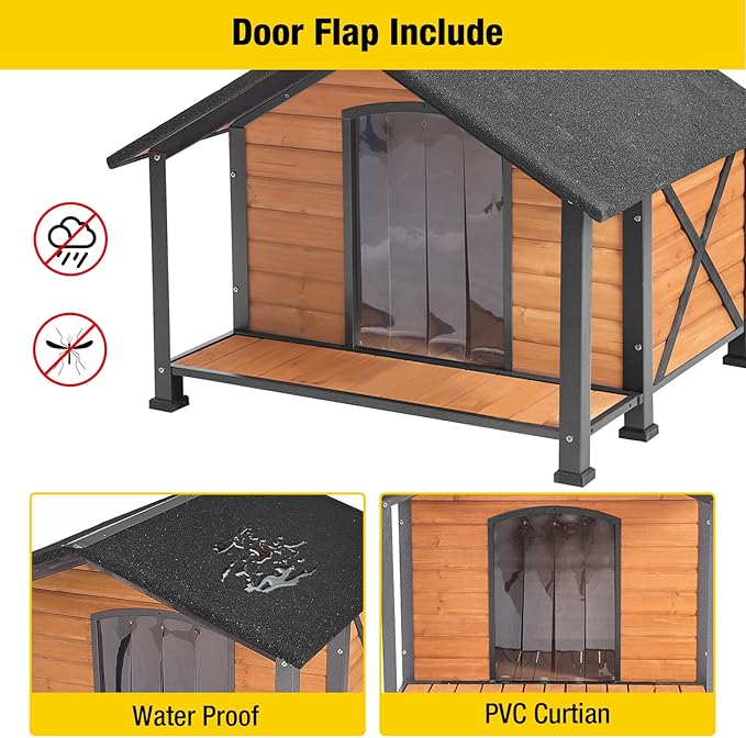 Aivituvin Dog House with Anti-Chewing Metal Frame Outdoor Large Wooden Dog Kennel Outside with Overhang Roof Large Porch Weatherproof-PurrikoPets