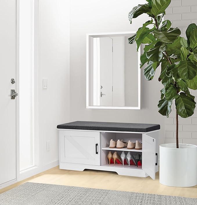 2-Tier Storage Bench, Shoe Bench with Padded Seat Cushion, Entryway Bench with 2 Barn Doors, Adjustable Shelf, 13.8" D x 39.4" W x 17.7" H, for Entryway, Living Room, Bedroom, White-PurrikoPets