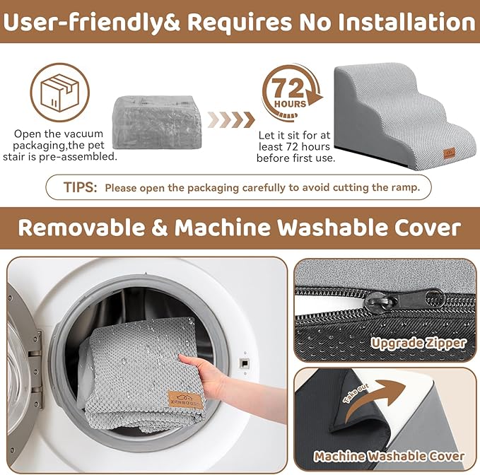 Dog Ramp and Stair for Bed 16" H-20 H,3-Step Cat Stair for Sofa and Chair,4-Step Dog Ramp for High Bed and Window,Durable Nonslip Fabric Cover for Indoor (Light Grey-16 H, Pet Friendly, 3)-PurrikoPets