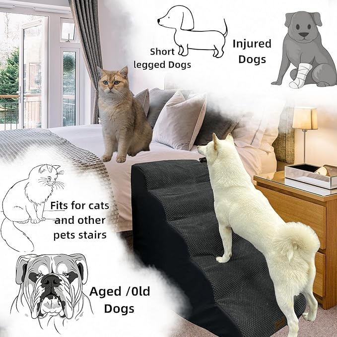 Dog Stairs & Pet Ramp for Small/Large Dogs to High Beds/Couches - 5 Steps 24-inch Height for 18-30 inch Furniture, 2 Washable Covers (Black, Grey), Non-Slip Balanced 33D Design for Old Dogs & Cats-PurrikoPets