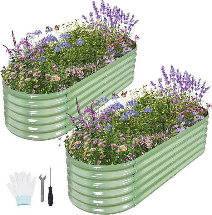Galvanized Raised Garden Bed Outdoor- 2 Pcs Raised Beds for Gardening| Metal Planter Box, Steel Raised Garden Bed Kit with Gloves for Vegetables, Flower, Herbs (6x2x1.4FT, Green)-PurrikoPets